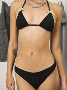 COUREZ Front Bows Halter Neck Triangle Bikini Top With High Leg Bottoms /Y2K Vacation Outifts Women Vacation Two Pieces Set Cute Sexy - Black - View 5