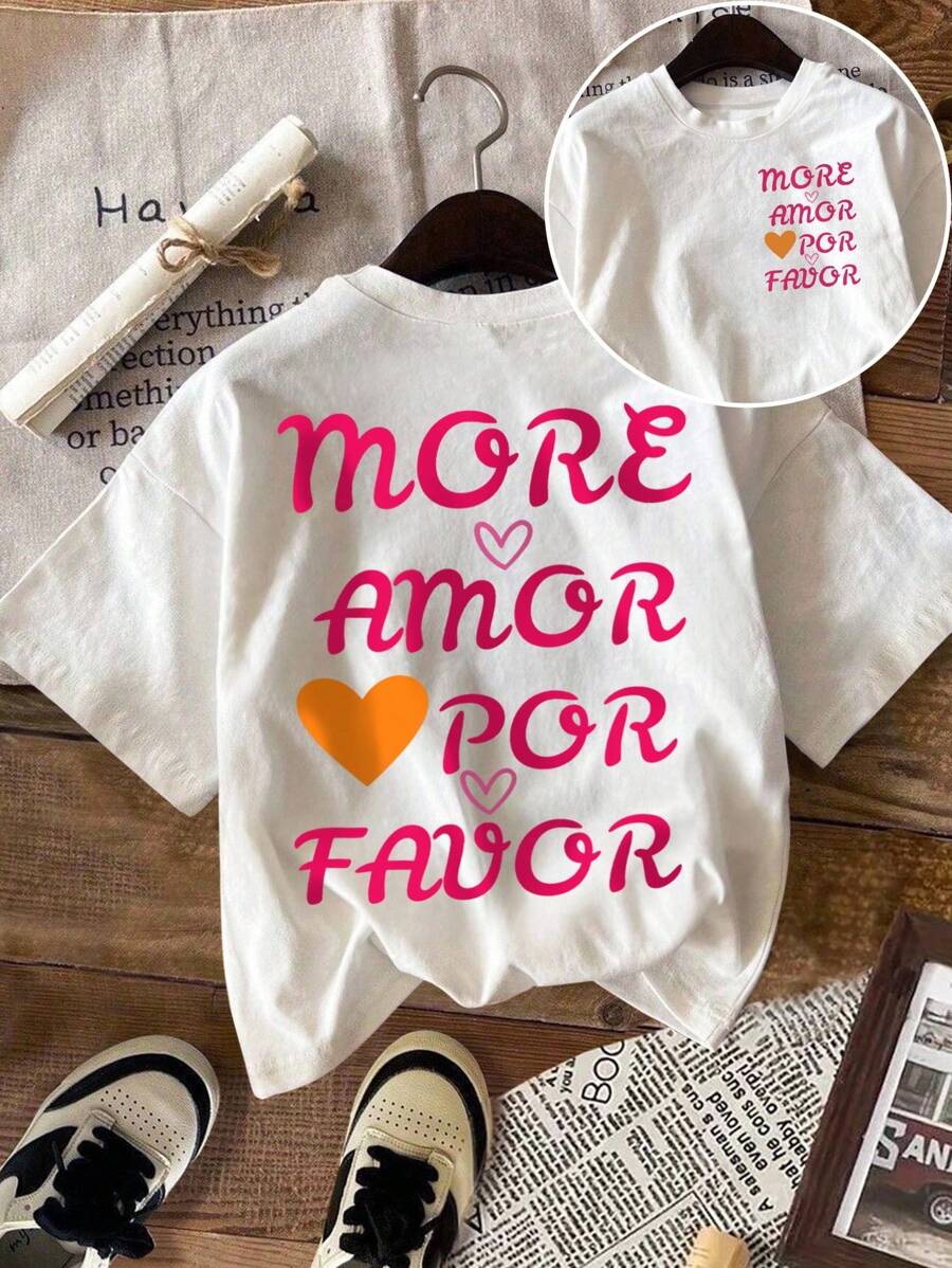 SHEIN LUNE 女士休闲心形和字母印花 T 恤，夏季 - 白色 - 查看 1