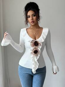 SHEIN LUNE 女士白色 V 领荷叶边针织毛衣，时尚长款喇叭袖套头衫秋冬 - 白色 - 查看 3