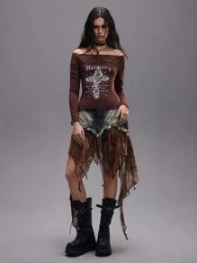 ROMWE Grunge Punk Váy denim mini dây rút họa tiết hoa Y2K Retro Punk Grunge viền bất đối xứng viền bèo nhún vát cho nữ - Nhiều màu - Xem 3