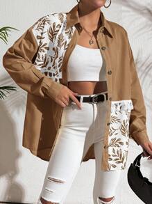 EURMUSE 100%Cotton Plant Print Fringed Drop Shoulder Sleeve Shirt - Mocha Brown - View 4