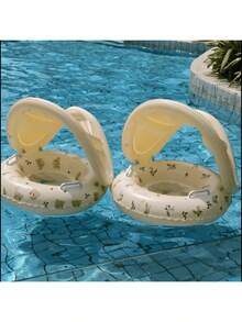 1pc Swimming Ring With Sunshade And Handles, Featuring A Circular Pattern, Suitable For Both Outdoor And Indoor Swimming.