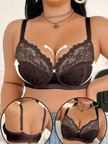 1 件大码蕾丝拼布钢圈文胸 - 棕色 - 查看 6