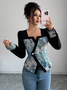 Elenzga Women's Fashion Elegant Patchwork Multi-Color Jacquard Fabric Palace Style Waist Cinched Square Collar Long Sleeve Blouse Fall Cloth For Women - Multicolor - View 6