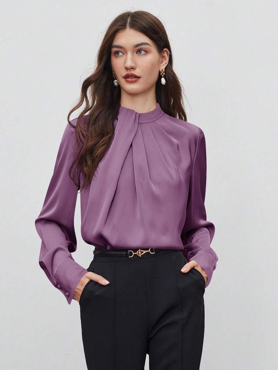BizChic 女式秋季不对称褶饰宽松长袖上衣,基本款简约优雅商务休闲办公装,适合教师、婚礼、音乐会 - 紫色 - 查看 1