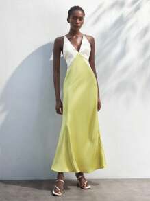 Maija 奶油黄和白色拼色 V 领细肩带修身中长连衣裙，优雅露背夏季连衣裙，婚礼宾客服装，女士假日度假连衣裙 - 綠色 - 查看 7