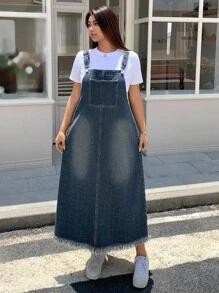 Dazy Plus Dark Wash Distressed Denim Pinafore Maxi A-Line Dress, All Season