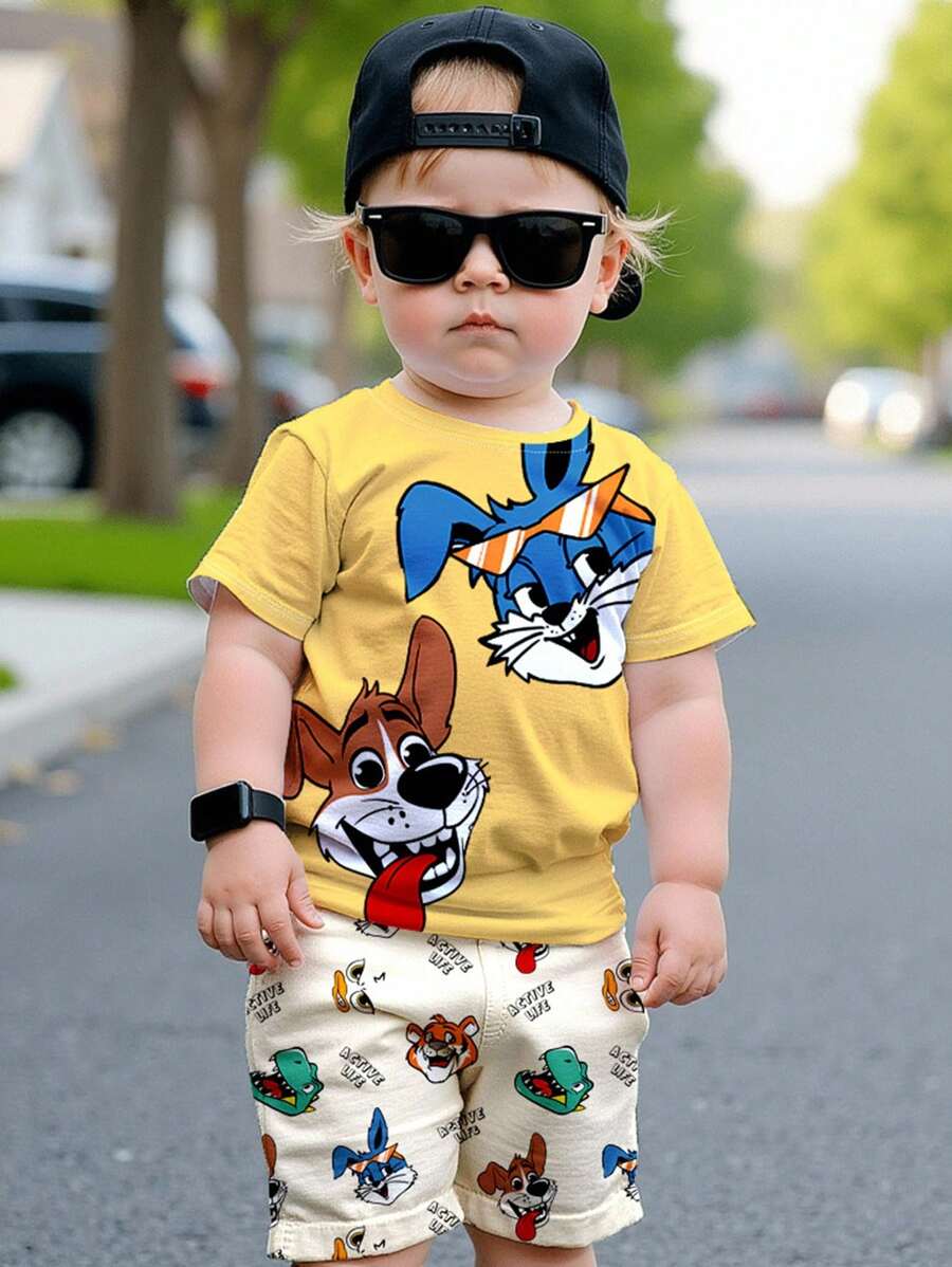 SHEIN 卡通、兔子、小狗、儿童精选系列、日常基本款、快乐的孩子、适合孩子的柔和色彩、骑行风格、家庭旅行、快乐的日子、我爱妈妈、我爱爸爸、可爱的家、酷酷的孩子、小男孩休闲简约圆领短袖短裤两件套，适合夏季 - 彩色 - 查看 1
