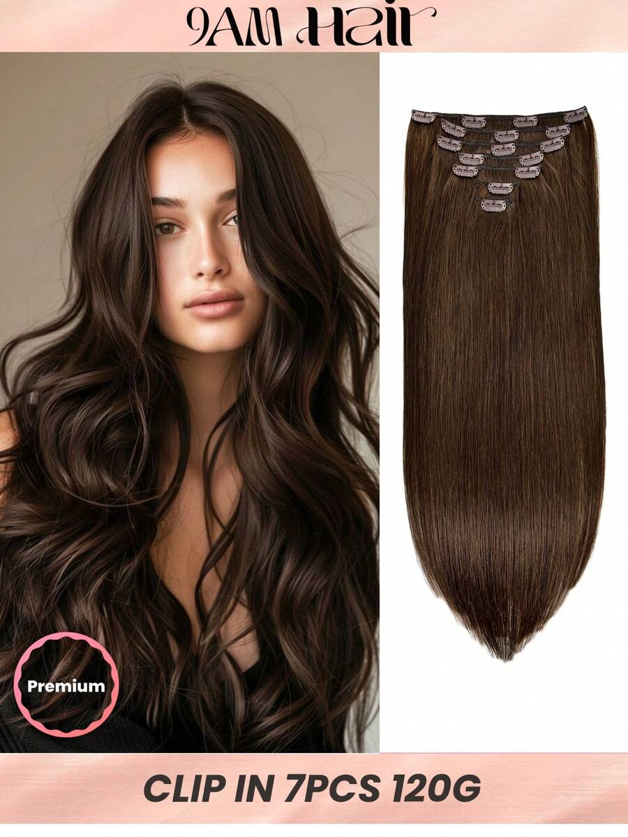 Straight Human Hair Clip In Hair Extensions For Full Head Brazilian Virgin Hair Dark Brown Color, 7/Pcs With 16Clips, 120 Gram - S2 - View 1