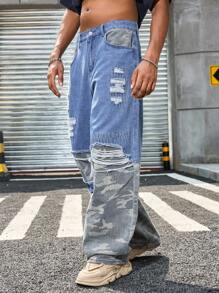 Manfinity EMRG Quần jean nam ống rộng thời trang đường phố, họa tiết chắp vá ngụy trang, phong cách Emo - Màu xanh lam - Xem 5