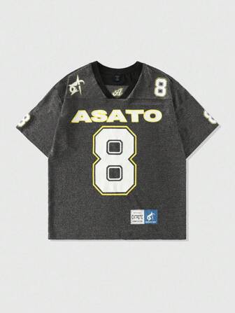 Prep Men's Letter Print Short Sleeve V-Neck Shiny Fabric Sports T-Shirt