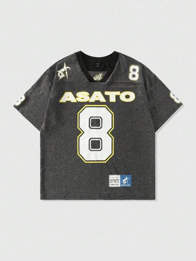 Prep Camiseta deportiva de manga corta con cuello en V, estampado de letras y tela brillante con estrellas para hombres