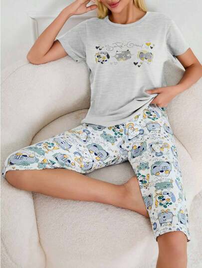 EURMUSE 100% algodão, 2 peças, camisa estampada com animais fofos e conjunto de pijama capri com estampa de animais
