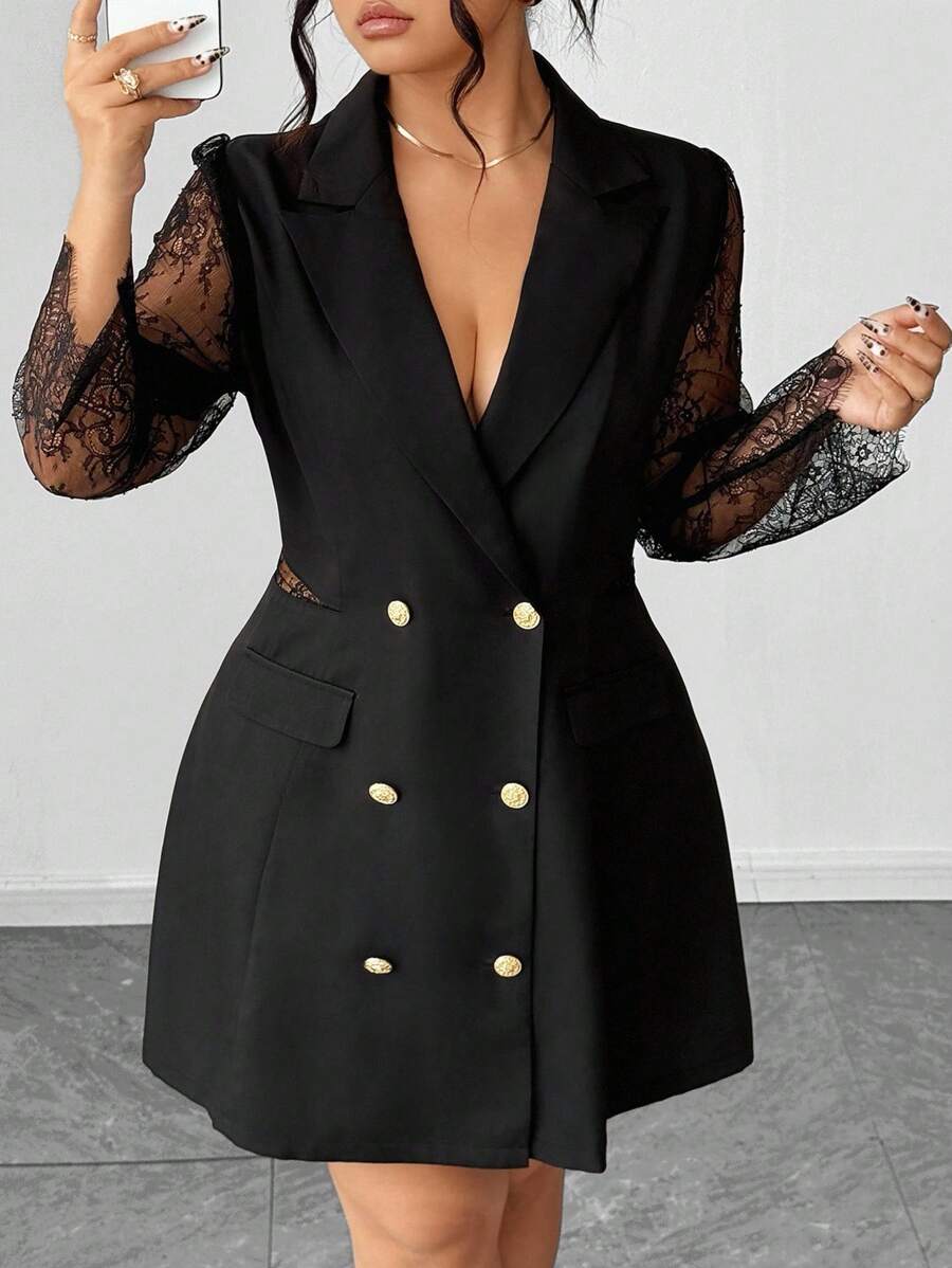 Elenzga A Plus-Size Elegant Commuter Lace Patchwork Spring And Summer Dress Fall Cloth For Women - Black - View 1