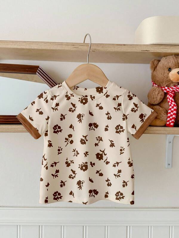 Young Girl Casual Floral Pattern Round Neck Short Sleeve T-Shirt, Suitable For Summer Kids Flower Shirt Floral Shirt Kids Kids Brown Shirt Kids Beige Shirt Kids Floral Tee Graphic Tees