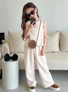 2pcs/Set Young Girl Woven Solid Color Jacquard Ruffle Hem Blouse And Loose Casual Pants