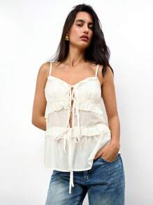 Maija Women's Boho Woven Fabric Cami Top With Ruffle Hem And Tie Front Detail - Apricot - View 3