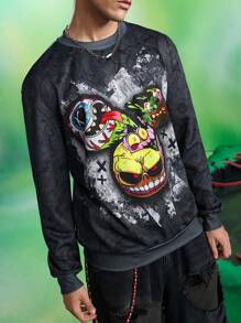 MADBALLS X SHEIN 男士休闲日常卡通图案圆领运动衫 - 深灰色 - 查看 5
