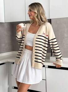 EURMUSE Sweetheart Script Embroidery Striped V-Neck Buttoned Knit Cardigan,Cardigans For Women,Long Cardigans Woman,Petite Cardigans,Cardigans - Black and White - View 5