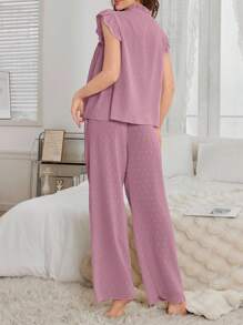 Conjunto de pijama de mujer con cardigan de cuello en V con volantes y estampado de lunares jacquard y pantalones - Rosa vieja - Ver 2