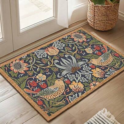 Thảm chùi chân chào mừng họa tiết hoa và chim đối xứng, thảm trải sàn polyester chống trượt, nhẹ, có thể giặt bằng máy, bện, thảm trang trí dùng cho gia đình, phòng ngủ, nhà bếp, hành lang, lối vào