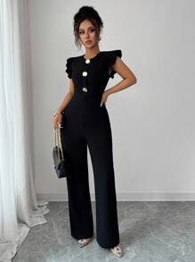 Rafferiza Front Zip Closure, Flutter Sleeves, Metal Buttons, Jumpsuit - Black - View 6