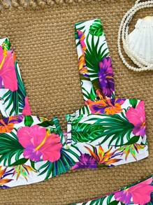 SHEIN 2pcs/Set New Multicolor Small Ditsy Floral Side High Cut Bikini Swimsuit, Spaghetti Strap Beach Vacation Women Swimwear For Summer