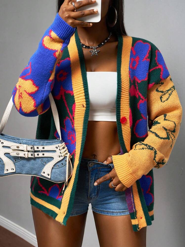 Slaydiva Nuovo cardigan in maglia con scollo a V, maniche lunghe a goccia, lettera e fiore in pelliccia 3D, colore fucsia, stile casual da strada, autunno/inverno 2025 per donna - Multicolore - Visualizzare 5