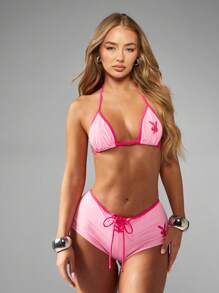 Missguided x Playboy Conjunto de bikini triangular con detalle de cordones, shorts tipo brasileño de corte alto para playa, piscina, descanso y uso de verano