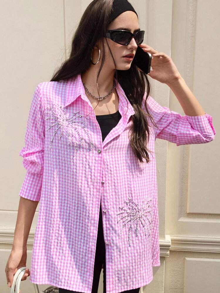 GENKIRA 法式优雅风格柔和对比格子手工串珠烟花设计简约翻领长袖女式衬衫 - 粉色 - 查看 1