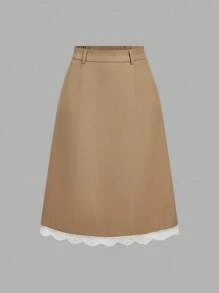 SHEIN MOD 秋冬女士蕾丝拼布夹克和裙装套装 - 卡其色 - 查看 6