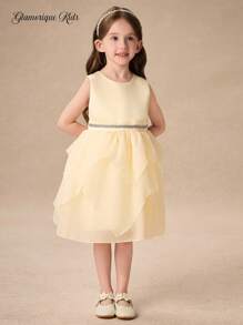 Glamorique Kids Girls' Princess Dress,Flower Girl Dress,Summer Apricot Asymmetric Hem,Silver Webbing,Back Strap Bowknot,Children's Birthday Wedding Festival Dress - Apricot - View 6