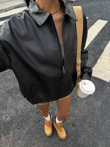 Muchica 女士秋季新款黑色PU宽松外套，落肩拉链PU短款皮夹克，适合街头穿着 - 黑色 - 查看 5