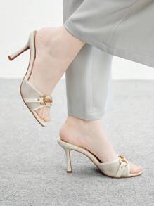 CUCCOO BIZCHIC 米色 PU 皮革金色金属扣时尚舒适夏季优雅圆头穆勒高跟凉鞋女式 - 米色 - 查看 3