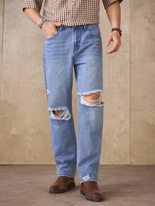 RivetRise Jeans dritti da uomo di colore blu chiaro consumati