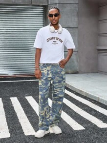 Manfinity EMRG Jeans rectos de pierna ancha con estampado amarillo, de corte casual para hombre, para primavera/verano - Azul - Ver 4