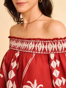 CAJUNI Blus Wanita Modis dengan Motif Geometris, Model Bahu Terbuka, dan Lengan Lentera - Merah - View 5