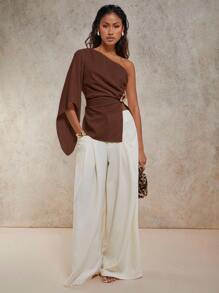 COSMINA Damen elegante Bluse mit Metalldekor, geraffter schräger Schulter, Frühling/Sommer - Braun - Übersicht 3