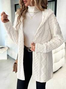 SHEIN Clasi 女士休闲连帽纹理羊毛夹克，秋冬 - 白色 - 查看 4