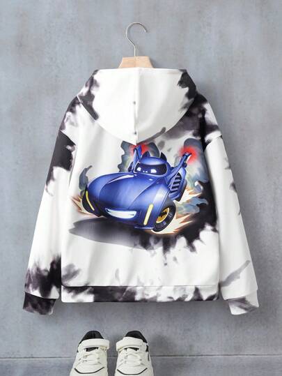 Batwheels X SHEIN 青少年男童休闲日常扎染汽车印花卫衣 儿童卫衣 男童白蓝图案卫衣 男童汽车图案卫衣 男童卡通汽车卫衣