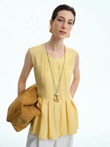 Aalyst 女士度假休闲优雅亚麻无袖纽扣领衬衫，奶油黄色，适合夏季、毕业典礼、独立日 - 芥末黃 - 查看 1