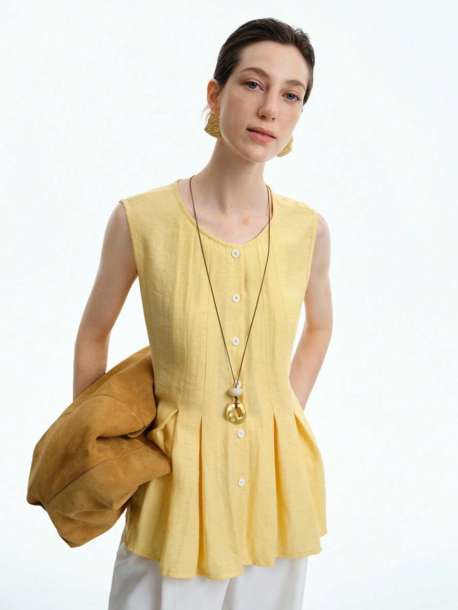 Aalyst 女士度假休闲优雅亚麻无袖纽扣领衬衫，奶油黄色，适合夏季、毕业典礼、独立日 - 芥末黃 - 查看 1