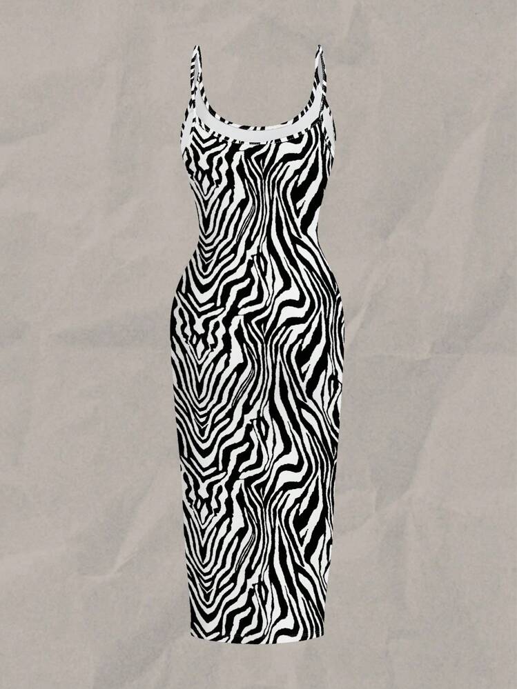 SHEIN EZwear Vestido maxi ajustado de longitud completa sin mangas de estilo minimalista casual, con estampado de cebra, adecuado para el verano - Multicolor - Añade 2
