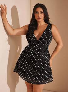 SHEIN BAE Christmas Plus Size Black And White Polka Dot Print V-Neck Sleeveless A-Line Fitted Mini Dress For Women, Vacation Summer Dress Low Cut Costume - Black - View 3