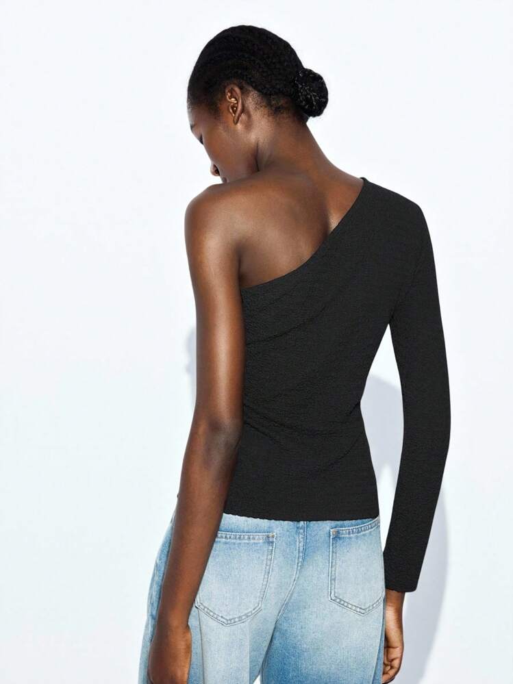 Maija Women's Basic Solid Color Asymmetrical Shoulder Fitted Sexy Fashion Autumn Top, Retro Style,Halloween - Black - View 4