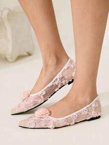 CUCCOO CHICEST 女士花卉尖头平底鞋，优雅甜美浪漫时尚舒适腮红粉色网眼礼服鞋，新娘婚礼宾客平底鞋，芭蕾平底鞋，适合婚礼、派对、约会、洛丽塔、生日、情人节 - 粉色 - 查看 6