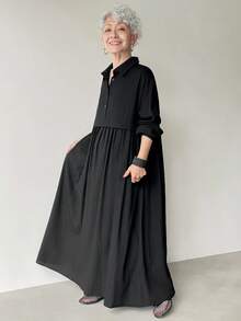 FRIFUL Women's Black Shirt Collar Drop Shoulder Long Sleeve Pleated Loose Casual Versatile Maxi Dress,Autumn Modest Mother Office Business Autumn/Winter - Black - View 4
