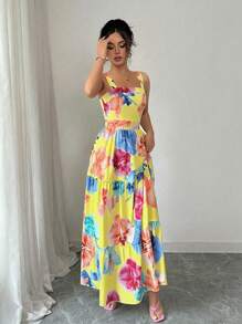 Elenzga 女士花卉印花收腰 A 字形连衣裙，适合度假、日常和通勤休闲穿着 - 黃色 - 查看 4