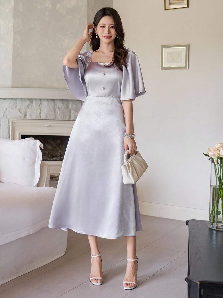 Women's Elegant Solid Color V-Neck Lantern Sleeve Mid-Length Dress Maxi Dress