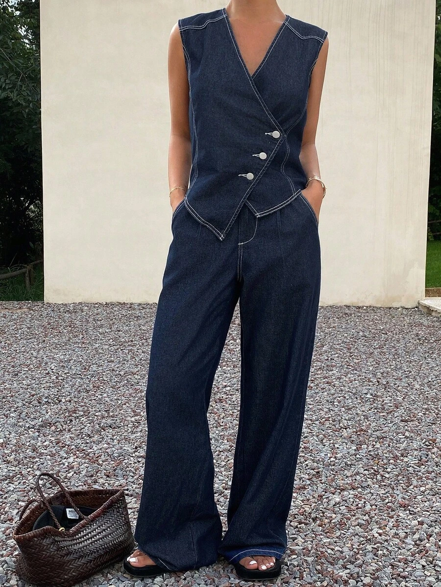 DAZY 女士休闲水洗不对称V领背心和阔腿牛仔裤套装度假装 - 深色水洗藍 - 查看 1